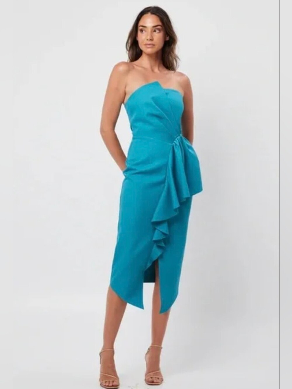 Elliatt Strapless Teal Ruffle Midi Dress NWT Size L